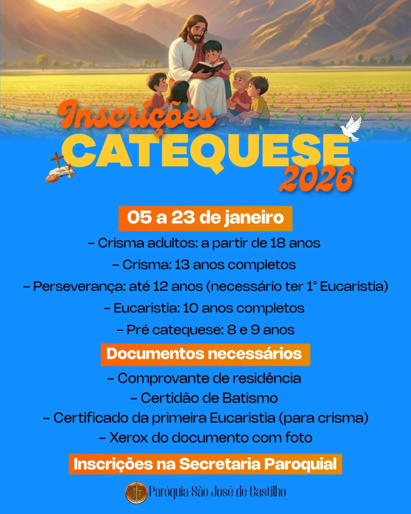 CATEQUESE PARÓQUIA SÃO JOSÉ CASTILHO SP ABRE INSCRIÇÕES 2026