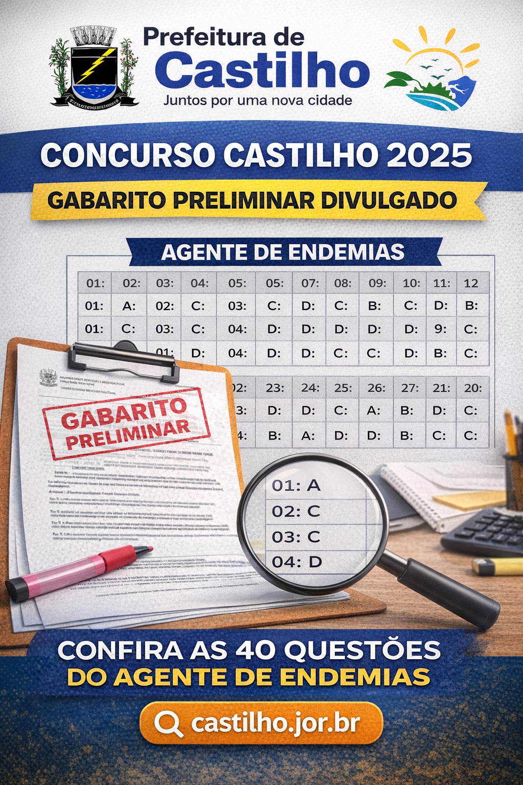 GABARITO CONCURSO CASTILHO 2025: CONFIRA AS 40 QUESTÕES DO AGENTE DE ENDEMIAS