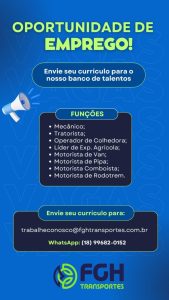 FGH TRANSPORTES OFERECE OPORTUNIDADES DE EMPREGO EM CASTILHO