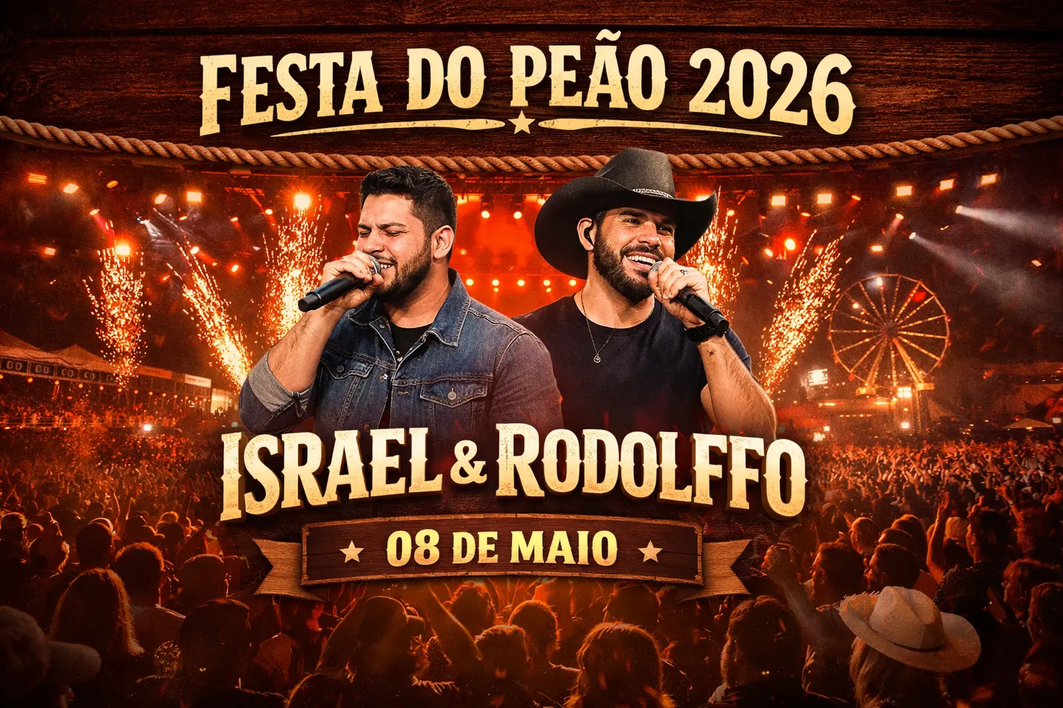 FESTA DO PEÃO 2026 CONFIRMA ISRAEL & RODOLFFO POR R$ 450 MIL EM 08 DE MAIO