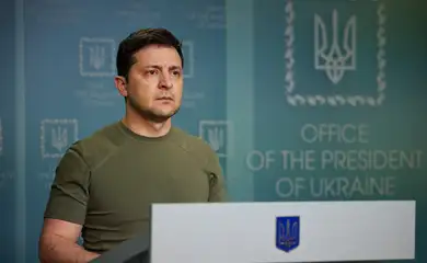 Ukrainian President Volodymyr Zelensky delivers a speech to the nation at the presidential palace.