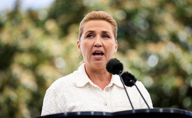 Denmark's Prime Minister Mette Frederiksen speaks at the