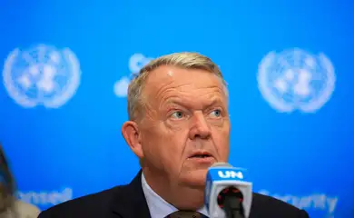 Denmark's Foreign Minister Lars Loekke Rasmussen speaks at the stakeout before a meeting of the United Nations Security Council, at the U.N. headquarters in New York City, U.S., August 24, 2026. REUTERS/Brendan McDermid