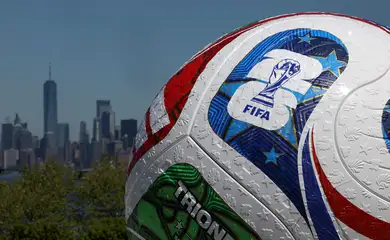 FILE PHOTO: A blow up soccer ball of the Trionda, the official match ball of the FIFA World Cup 2026, stands during a press conference announcing an official fan zone for the area in New York City, U.S., April 27, 2026. REUTERS/Shannon Stapleton/File Photo