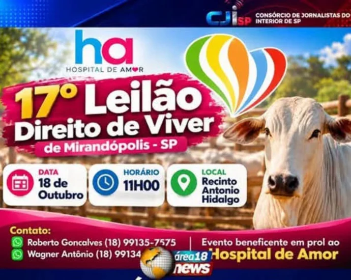 Cartaz do 17º Leilão Direito de Viver em Mirandópolis, marcado para 18 de outubro, às 11h, no Recinto Antonio Hidalgo