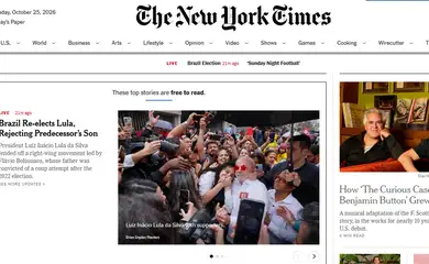 Capa do NY Times sobre a reeleição do presidente Luiz Inácio Lula da Silva. Foto: NYTimes/Reprodução